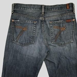 7 For All Mankind Dojo Low Rise Flared Jeans, Distressed Blue Denim (Size 26 27)